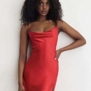 Cowl neck red satin dress
